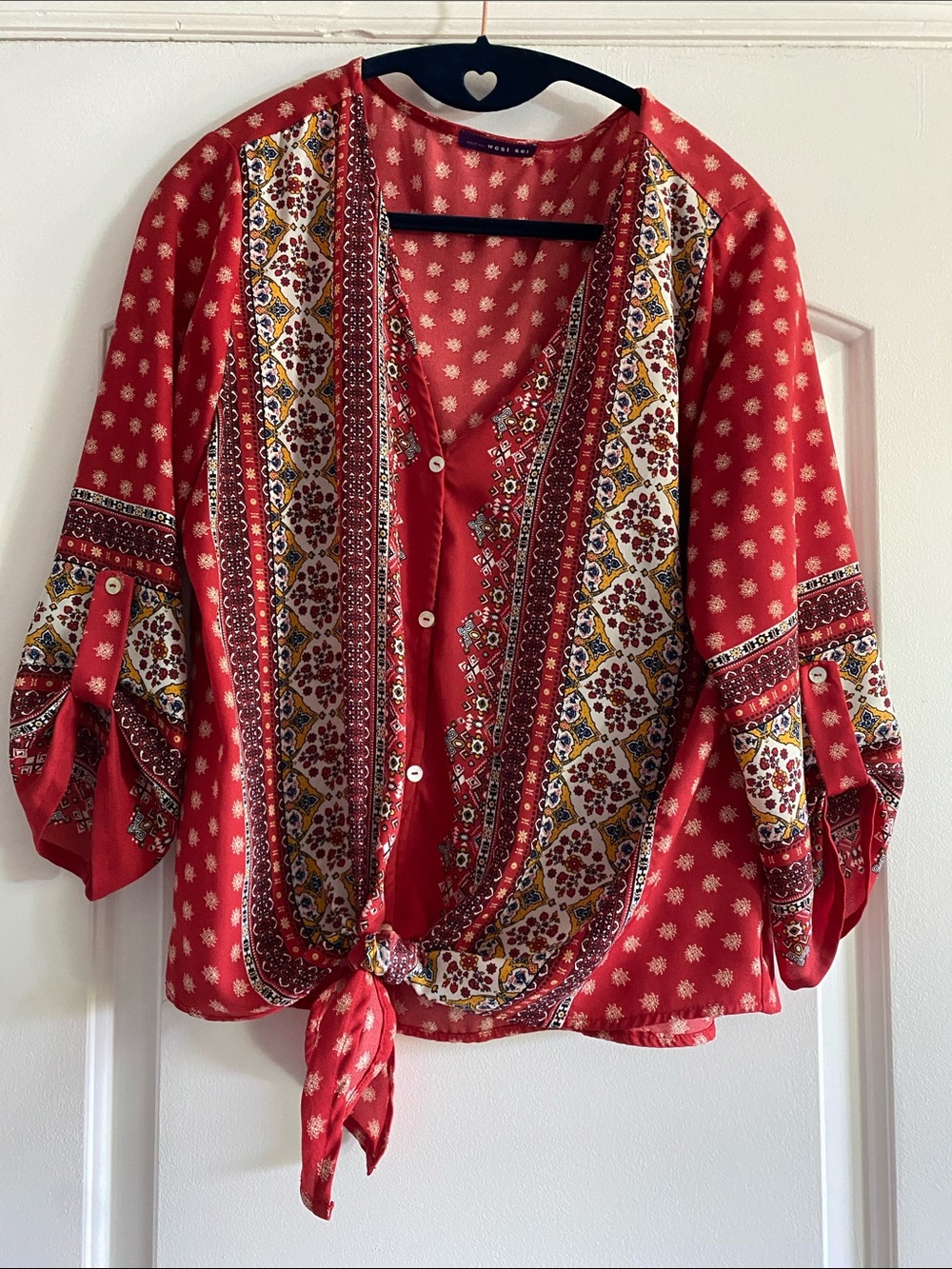 West Kei Red Mixed-Print Button-Front Tie Blouse